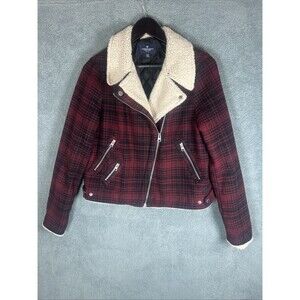 American Eagle Womens Jacket Medium Moto Wool Blend Sherpa Collar Biker Grunge